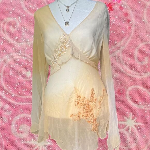Source Unknown Tops - Yellow Ombre Sheer Fairy Bell Sleeve Babydoll Top Tie Back Flowy